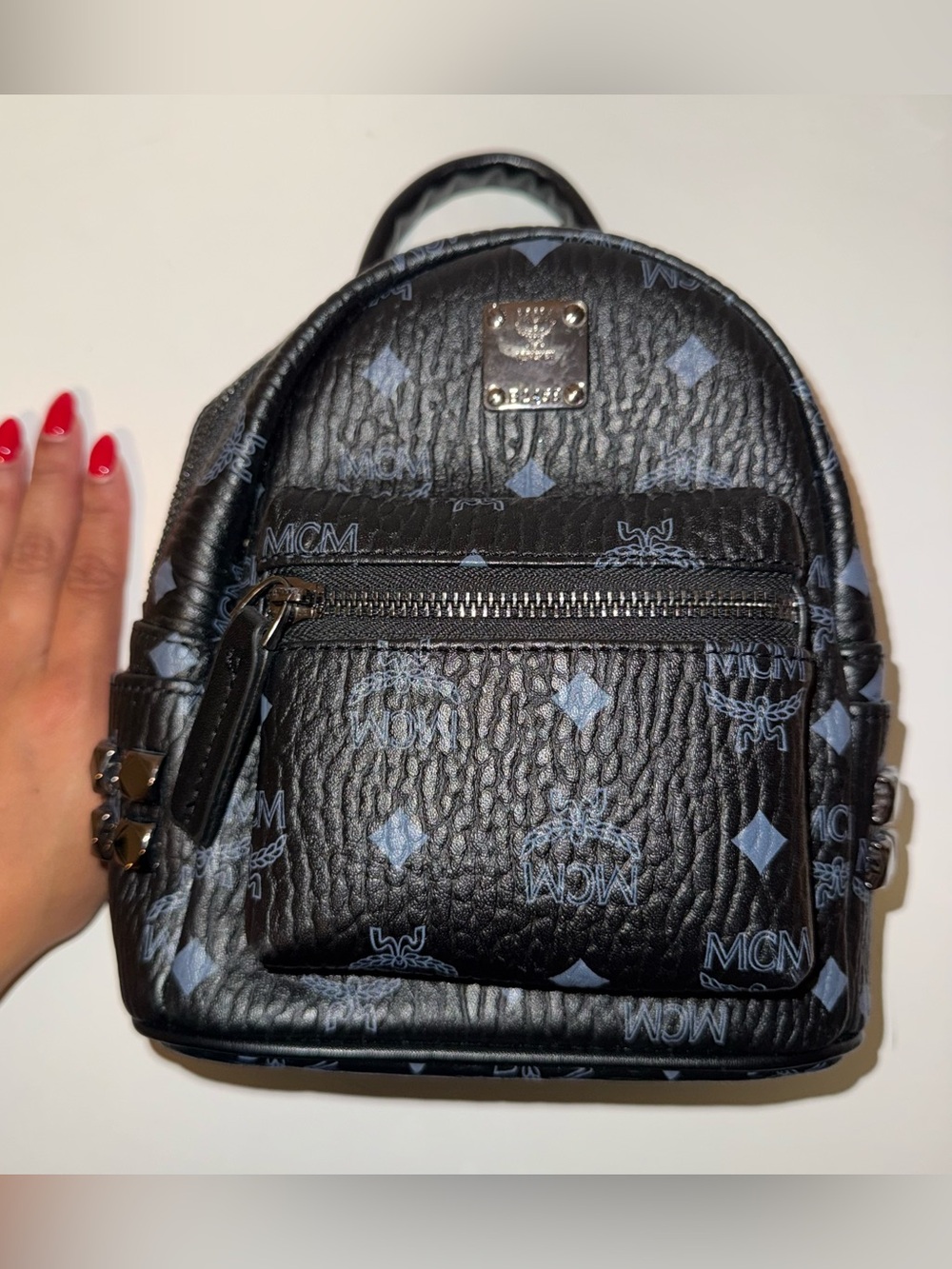 MCM Black Logo Mini Backpack with Silver Hardware